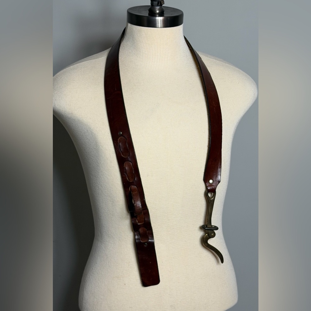 36in Vintage Brass Nautical Pelican Hook Darker Brown Leather Belt - Picture 2 of 16